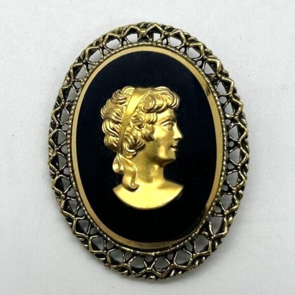 Vintage Cameo Brooch Black & Gold Oval Victorian Style Pin 2 inches - Picture 1 of 9